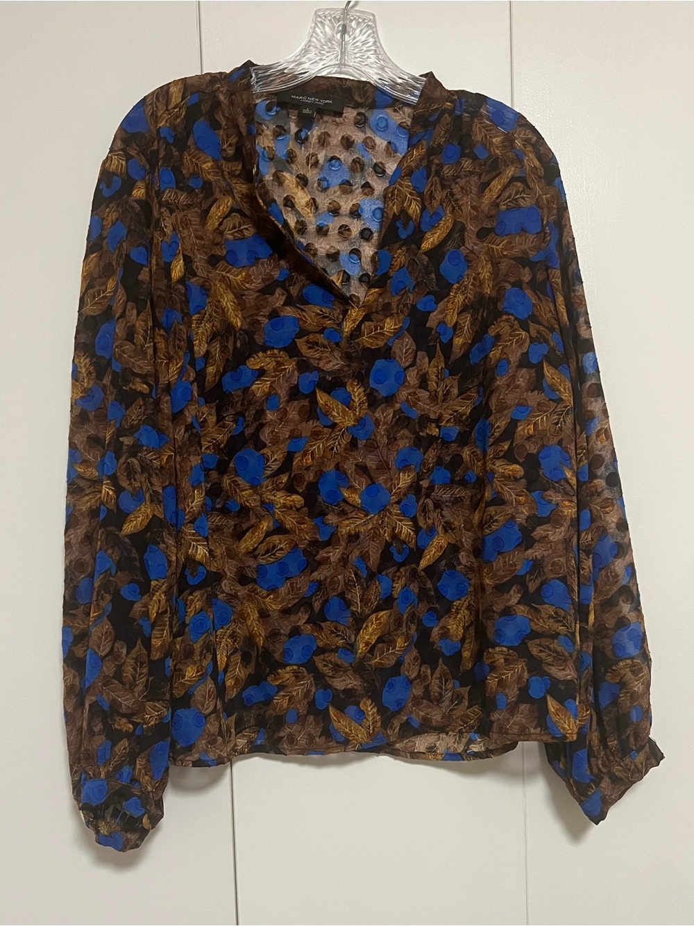 Marc New York Andrew Marc Brown & Blue Floral Leaf Long Sleeve Blouse Size L